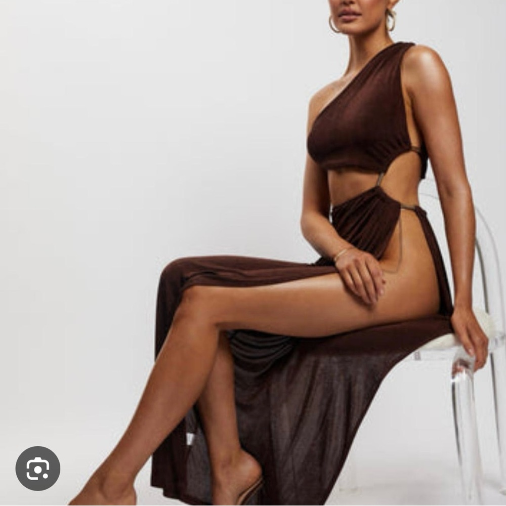 Meshki Paige XS Brown One-Shoulder Cutout Dress